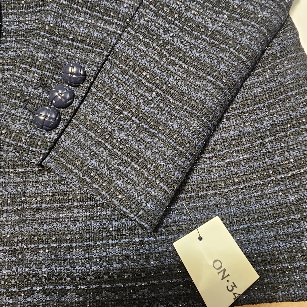 On 34Th Blue Metallic Tweed Collarless Pockets Blazer Womens Jacket Size XL